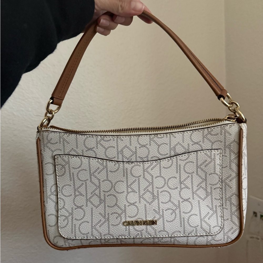 Calvin Klein White and Tan Shoulder Bag